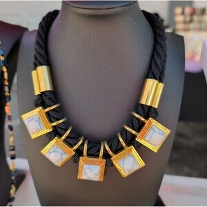 Vince Camuto Womens Pyramid Rocks Collar Necklace Black Cord Marbled Pendants